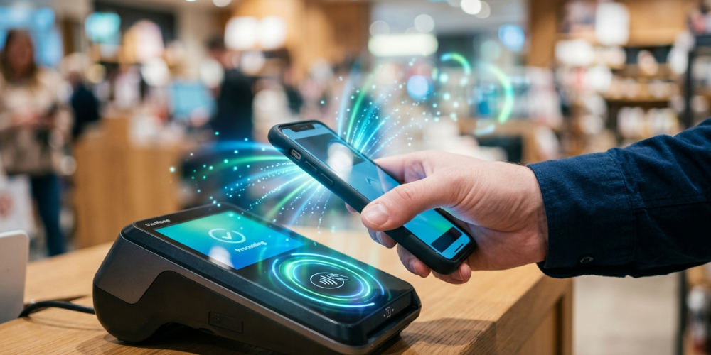 Pessoa realizando pagamento por aproximação com o celular em uma maquininha de cartão.